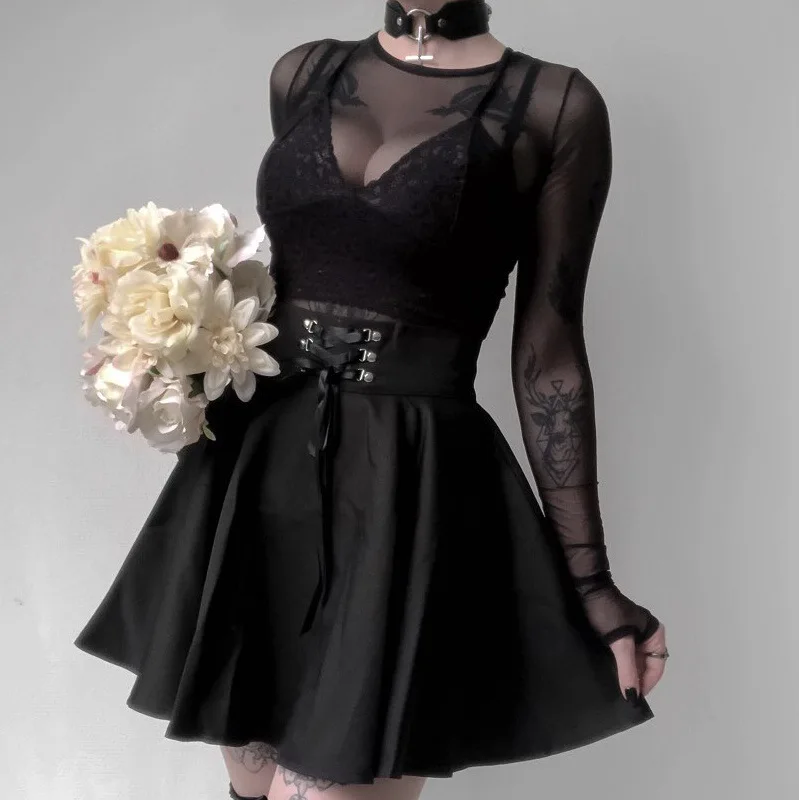 Gothic schwarzer Rock Hipster im japanischen Stil schwarz JK Bubble Damen Schnür rücken Reiß verschluss Ins Mädchen Plissee Minirock