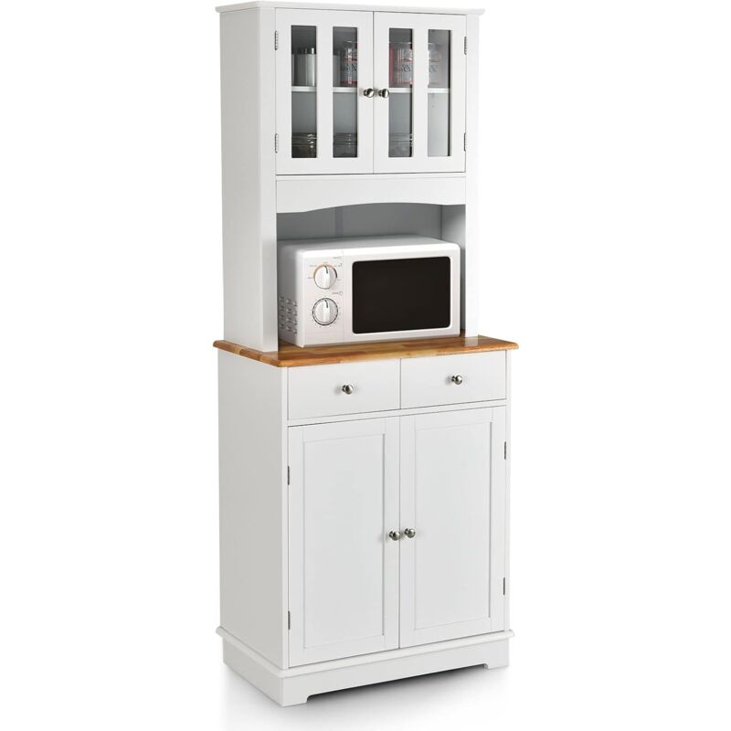 Credenza Da Cucina Alta 170 Cm, Mobile Dispensa Da Cucina Con 2 Ante In Vetro Temperato, 2 Ante, Piano In Legno Di Gomma, Ripiani Regolabili, 2 Cassetti, Mobile Per Sala Da Pranzo, Bianco - Goplus