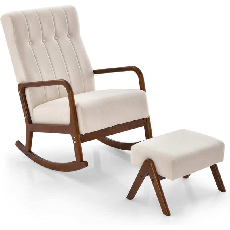 Costway - Poltrona A Dondolo Con Poggiapiedi, Poltrona Imbottita In Tessuto Con Struttura In Legno Di Gomma Massello, Set Sedia A Dondolo E Poggiapiedi Per Cameretta, Salotto (beige)