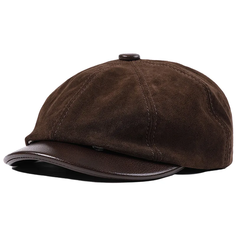 Männer Echtes Rindsleder Achteckige Kappe Vintage Newsboy Hut Fahren Flache Winter Männliche Künstler Kappe Image