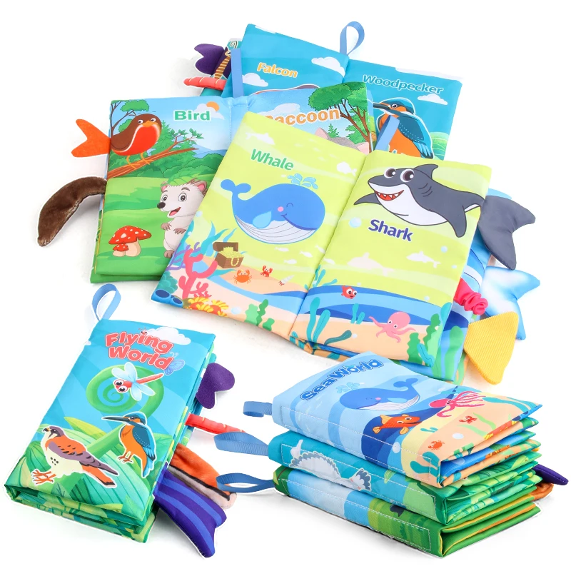 Baby 8-seitiges Schwanz-Stoffbuch, Cartoon-Tiere, berühren und fühlen sich weiche Säuglingsbücher, Entwicklung interaktives Früherziehungsspielzeug Image