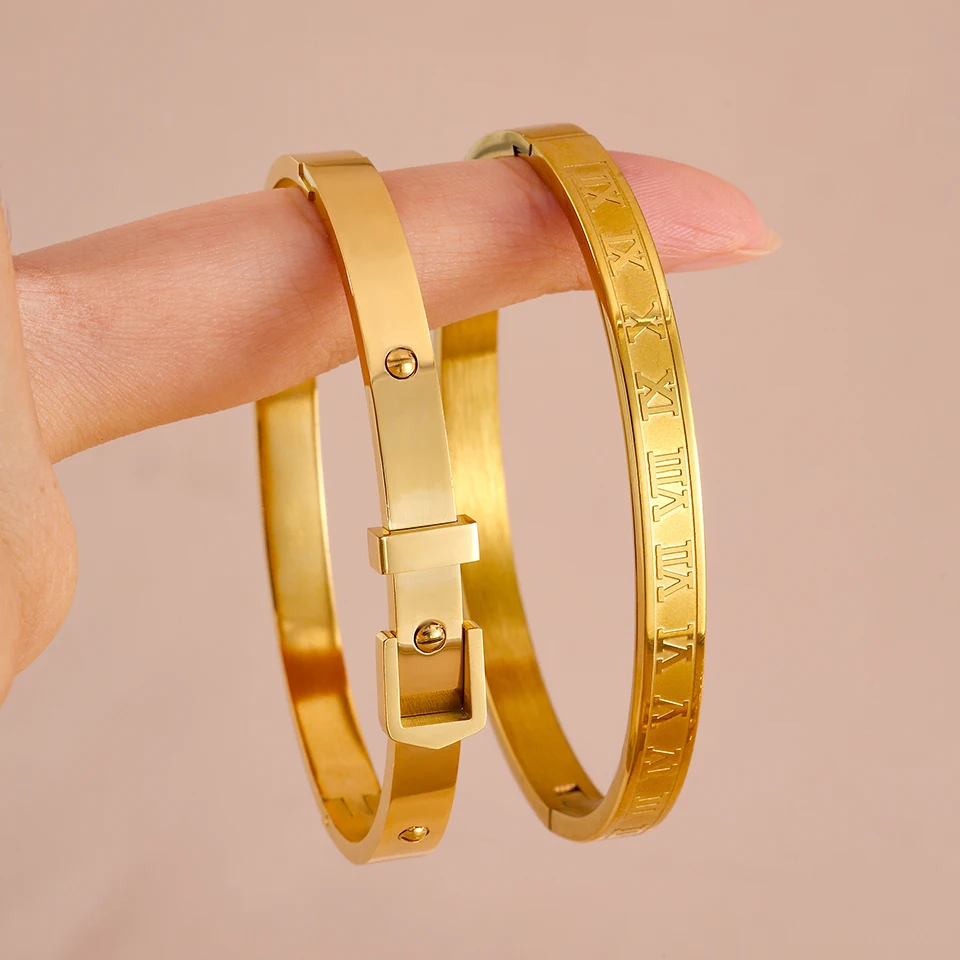 Yupsk 2 Stücke 18 Karat Gold Farbe Römische Ziffern Titan Stahl Armbänder für Frauen Männer Punk Paar Und Liebhaber Hand Schmuck
