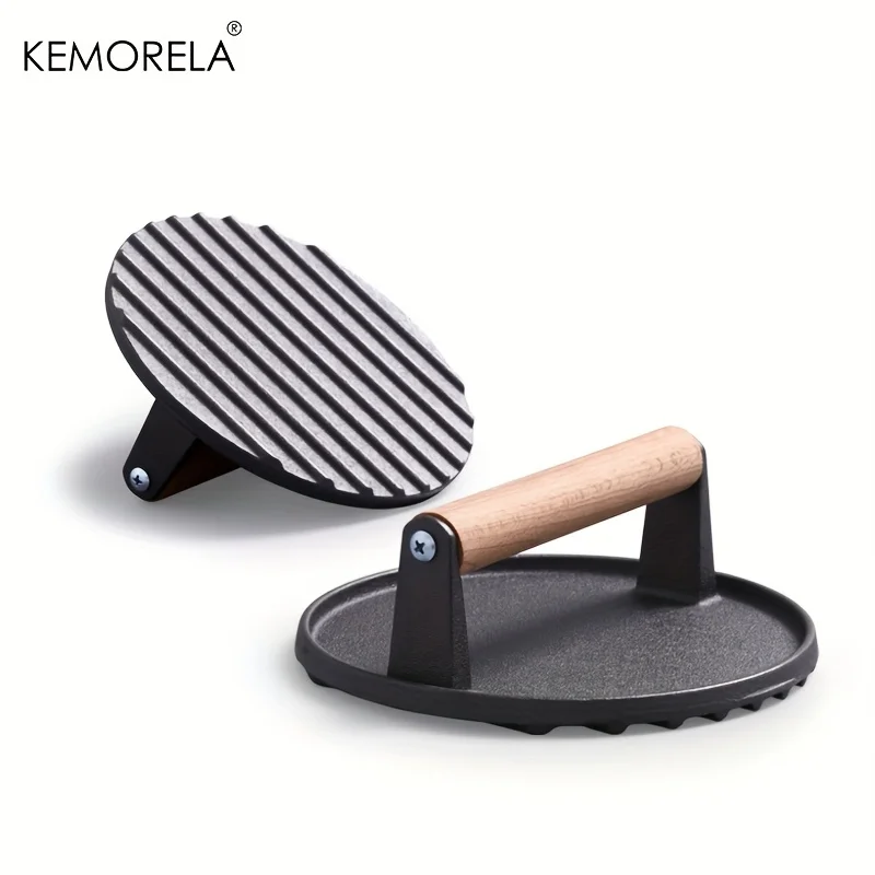 Robuste Burgerpresse aus Gusseisen für Blackstone-Grillplatte – 17,53 cm runde Grillpresse mit Holzgriff für Steak-Speckpresse Image