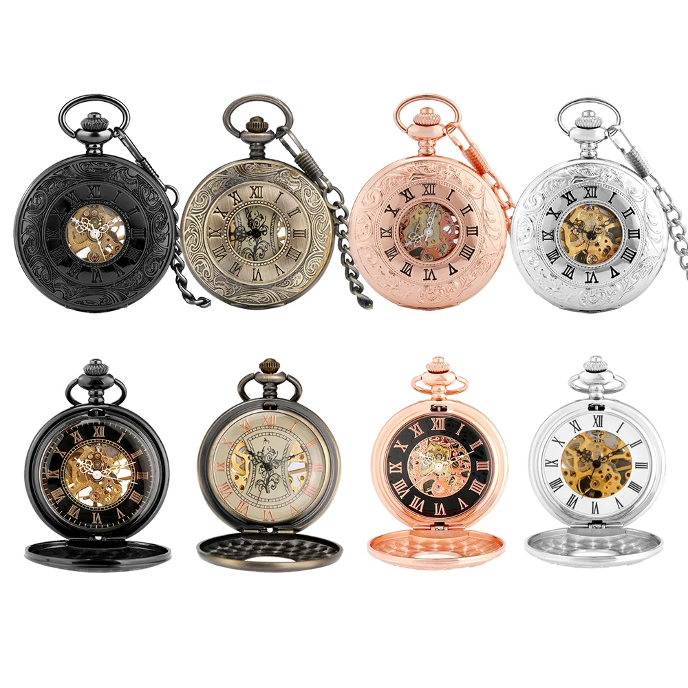 Klassische Vintage Herren mechanische Handaufzug Taschenuhr römische Ziffern Uhrengehäuse Fob Kette Anhänger Uhr antike Geschenk Mann