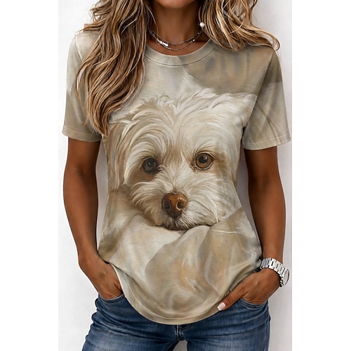 Damen T Shirt Druck Grafik Tiermotiv Hund Vintage Stilvoll Klassisch Kurzarm Rundhalsausschnitt Rundhals Normale Oberteile Lässig Täglich Wochenende Weiß Kaffee Weiß 2 Sommer Frühling Herbst Winter