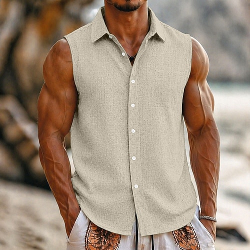 Herren Hemd Leinenhemd Sommerhemd Strandbekleidung Knopfhemd Ärmelloses Shirt Einfarbig Urlaub Straße Blau Schwarz Weiß Marineblau Ärmellos Umlegekragen Sommer Frühling Bekleidung Image