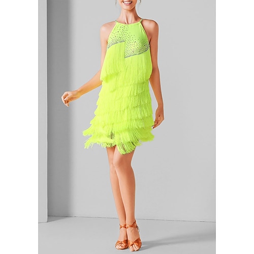 Neon-gelbes Latein-Tanzkleid für Damen – mehrlagiger Fransenrock mit glitzernden Strasssteinen für den Auftritt Image