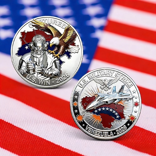 Gedenkmünze zum US-Militärschlag 2026 – patriotisches Adler- und Kampfjet-Motiv, Sammlermünze in Silberoptik für Veteranen, Angehörige der US-Streitkräfte und Sammler. Image