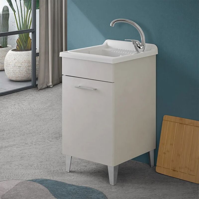 Inbagno - Mobile Lavatoio 45x50 Cm Grigio Calce Vasca In Resina E Kit Di Scarico Moon