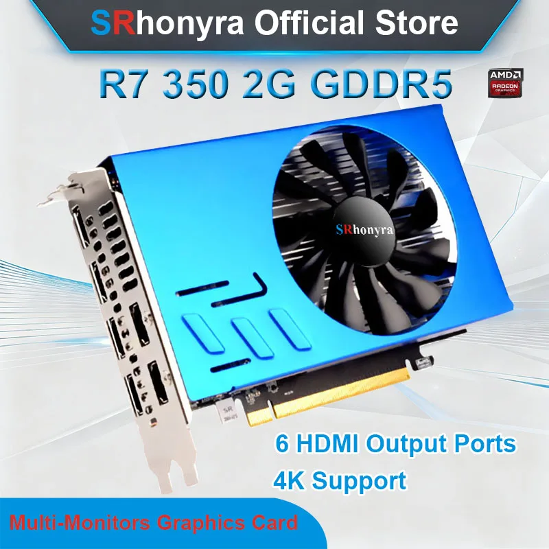 SRhonyra AMD R7 350 2/4GB Grafikkarte für Mehrere Monitore, GDDR5 128bit 6 HDMI Multi-Screen-Splicing Videokarte GPU EDID Image