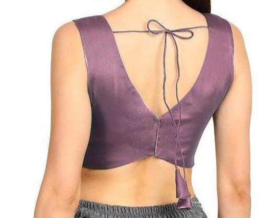 Camicetta viola con scollo a V, camicetta di stilista indiano, camicetta sari, camicetta sari, top corto, camicetta lunga fino al gomito, camicetta da