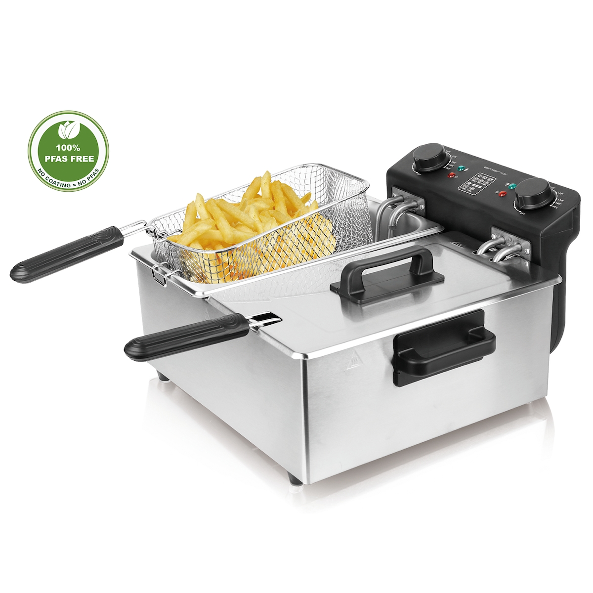 Emerio Doppel-Fritteuse – 2 × 3 Liter – PFAS-frei – Regelbarer Thermostat – Kaltzone – Edelstahl – DF-120485 Image