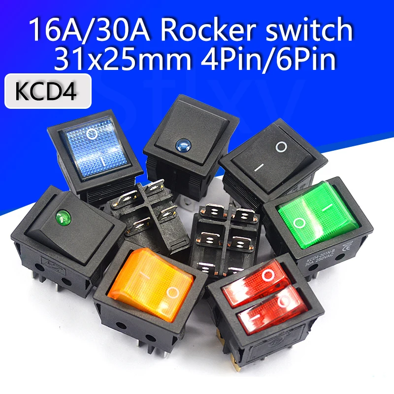 KCD4 Wippschalter Schiffstyp Schalter Wippschalter 4/6PIN rotes hellgrünes Licht 31x25mm16A/30A 250V EIN-AUS/EIN-AUS-EIN Image