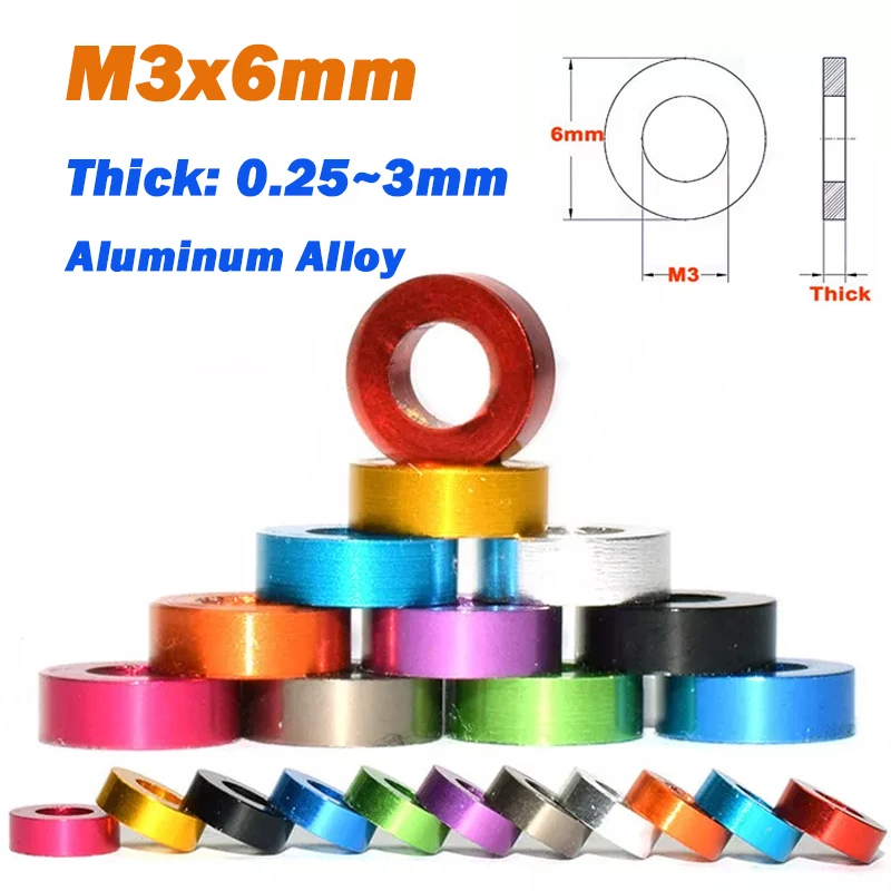 3/5 Stück Aluminium-Unterlegscheibe, M3 x 6 mm, Dicke 0,25/0,5/1/1,5/2/2,5/3 mm, bunt eloxiert, 6061-Aluminiumlegierung, flache Unterlegscheiben, Dichtung Image