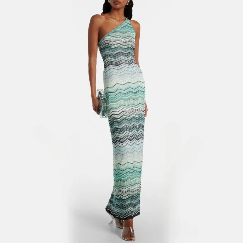 Faltbares Türkis-Grün Farbverlauf Zickzack-Print One-Shoulder Maxikleid Ärmellos Bodycon Glitzer 2026 Trendiges Partykleid Elegante Damenmode