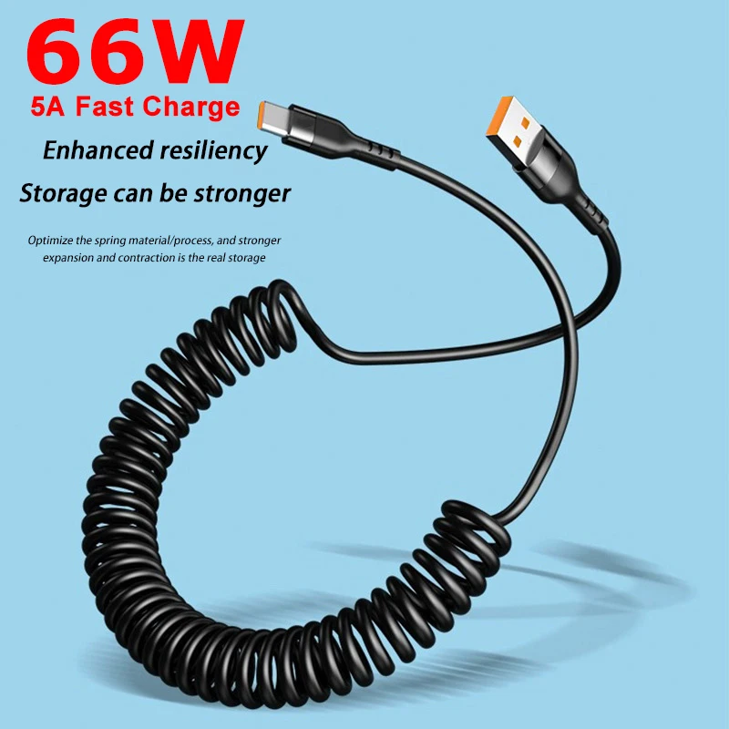 5A 66W Spring Pull Teleskop-Datenkabel USB auf Typ-C/Dual Typ-C Schnellladekabel für CarPlay 1M 1,8M 2M für Xiaomi iPhone Image