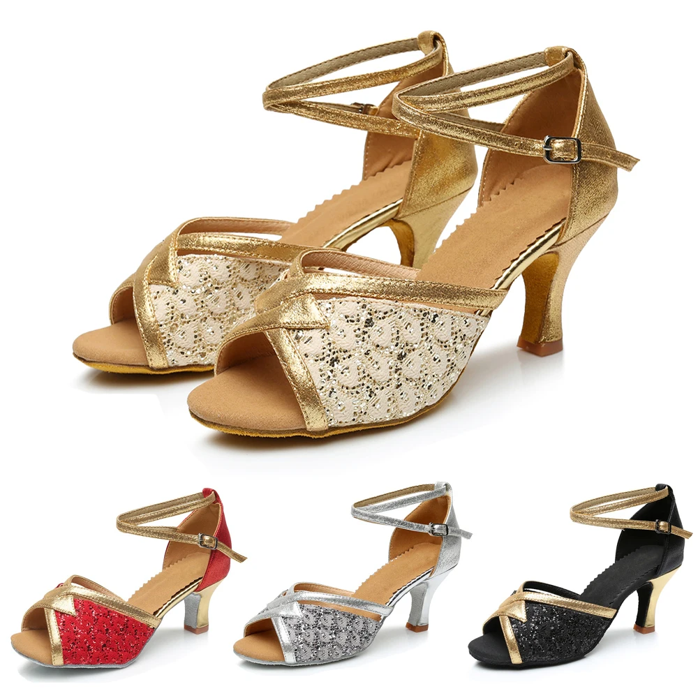 Schuhe für Latin Dance Frauen Latin Dance Damen Mädchen Dance Sneaker Gold Schwarz Spitze Salsa Schuhe Gold Ballsaal Tanzen Schuhe a08-1