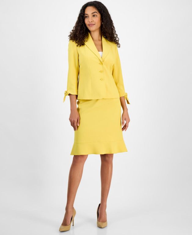 Three-button Tie-cuff Jacket & Flounce-hem Skirt Set - Yellow - Le Suit Suits