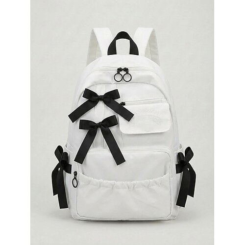 Zaino da donna in poliestere con decorazione a fiocco, disponibile in diversi colori, con numerose tasche, spallacci regolabili, perfetto per la scuola elementare. ritorno a scuola media, viaggi,