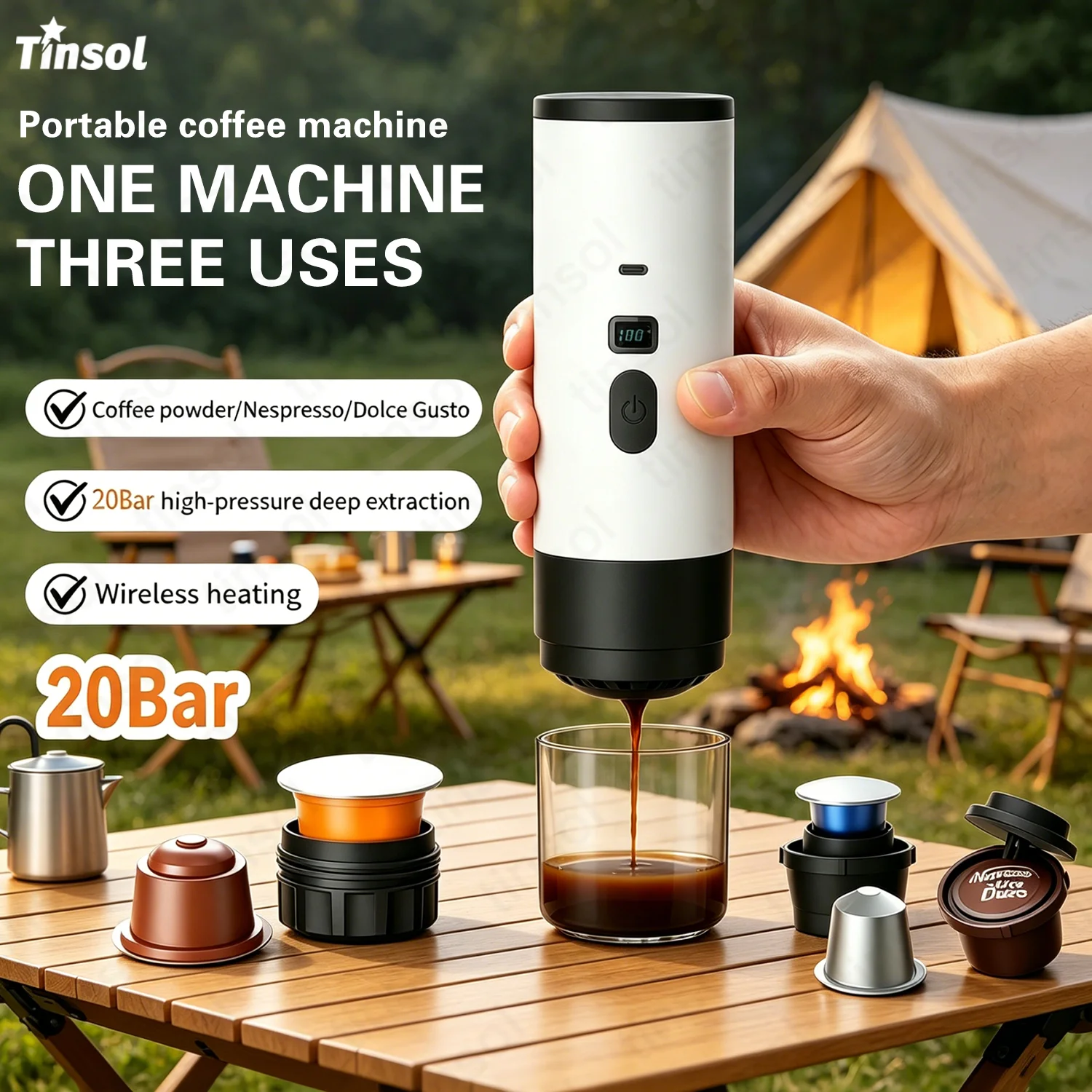 20Bar 3-in-1 Tragbarer Kaffeebereiter Espresso-Kaffeemaschine für Auto, Zuhause, Camping, Reisen, Kapsel-Kaffeemaschine mit automatischem Heizer Image