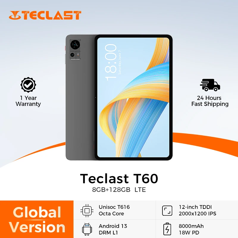 Teclast T60 12 Zoll 2K Tablet Android 13 8 GB + 8 GB RAM 256 GB ROM T616 Octa-Core 8000 mAh 18 W PD Schnellladung 4G VoLTE GPS Tablets Image