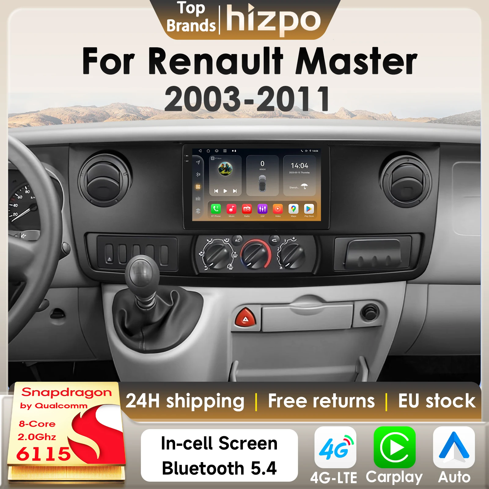 Hizpo 8Core 2Din Android 14 Auto Multimedia GPS Player Für Renault Master 2003-2011 AI Carplay 4G BT 360 Kamera Durch Snapdragon 6115 Image