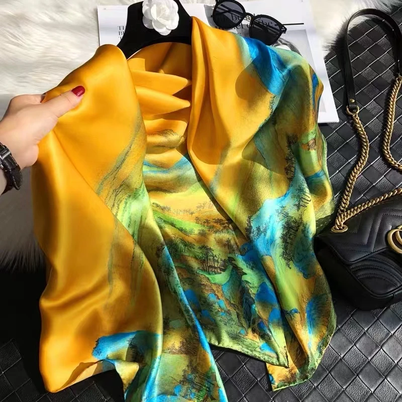 BYSIFA Gelb Grün Schals Bufandas Weibliche Schals Schal Mode Elegante Satin Quadrat Schals Herbst Winter Marke Silk Schal Hijab
