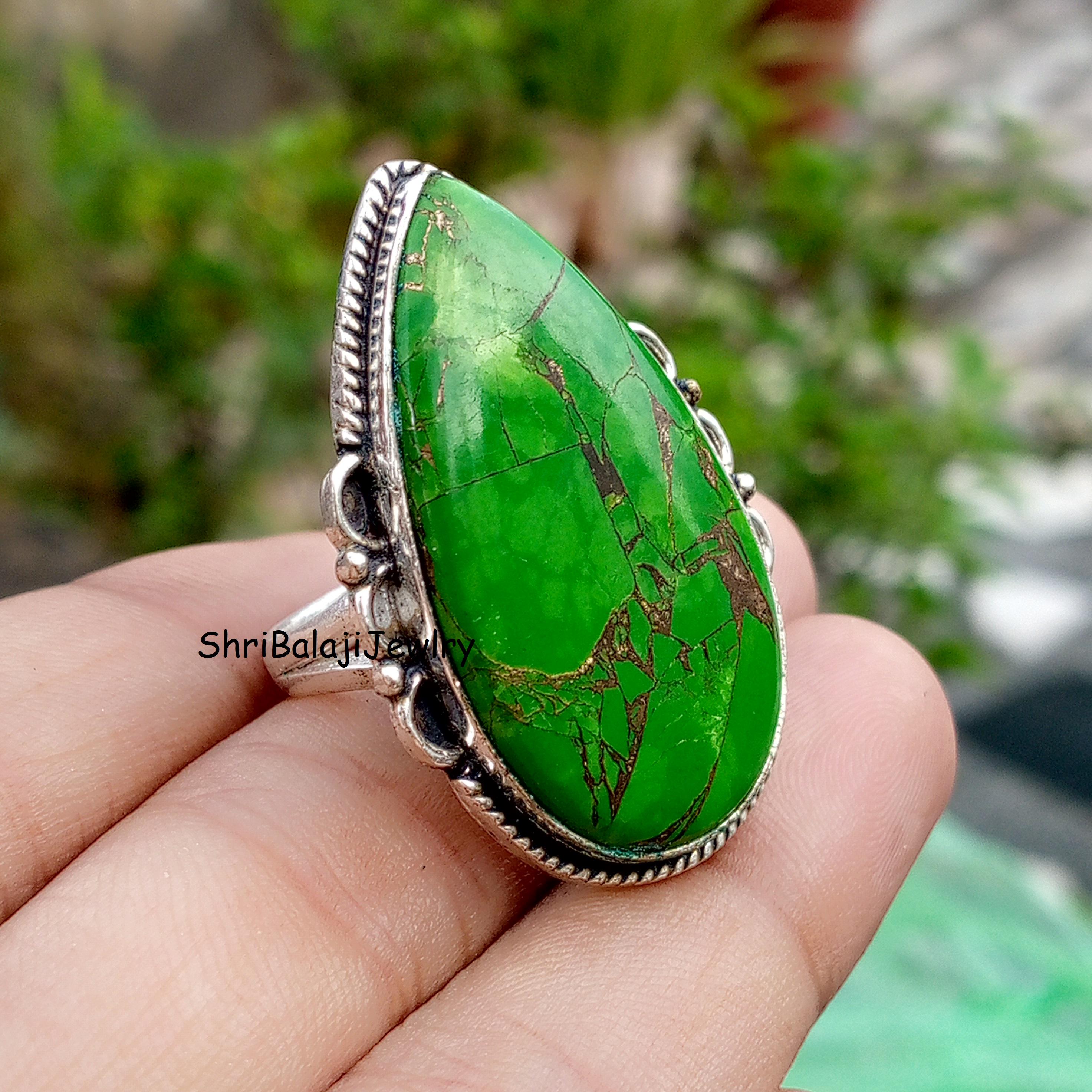 Anello con pietra preziosa turchese di rame verde* Anello in argento sterling 925* Anello fatto a mano* Anello con pietra a pera* Anello di design*Ane