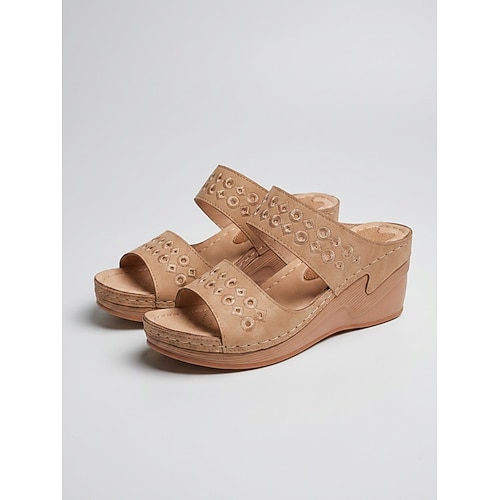 Damen Lässig Täglich Stickerei Plateau Keilabsatz Offene Spitze Lässig Komfort Kunstleder Slipper Mandelfarben Schwarz Blau Image