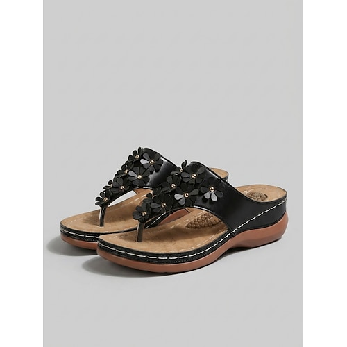 Goldene, bequeme Zehenstegsandalen mit Blumenmuster für Damen – Zehenstegsandalen mit 3D-Blumenmotiv und Massage-Fußbett, gepolsterte Sommersandalen für Reisen und Spaziergänge Alltagskleidung Image