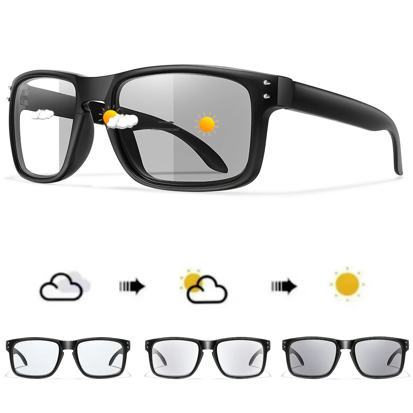 Photochrome Sonnenbrille für Damen und Herren, klassische quadratische Schutzbrille für Laufen im Freien, Wandern, Angeln, Schwarz-Weiß-Brille Image