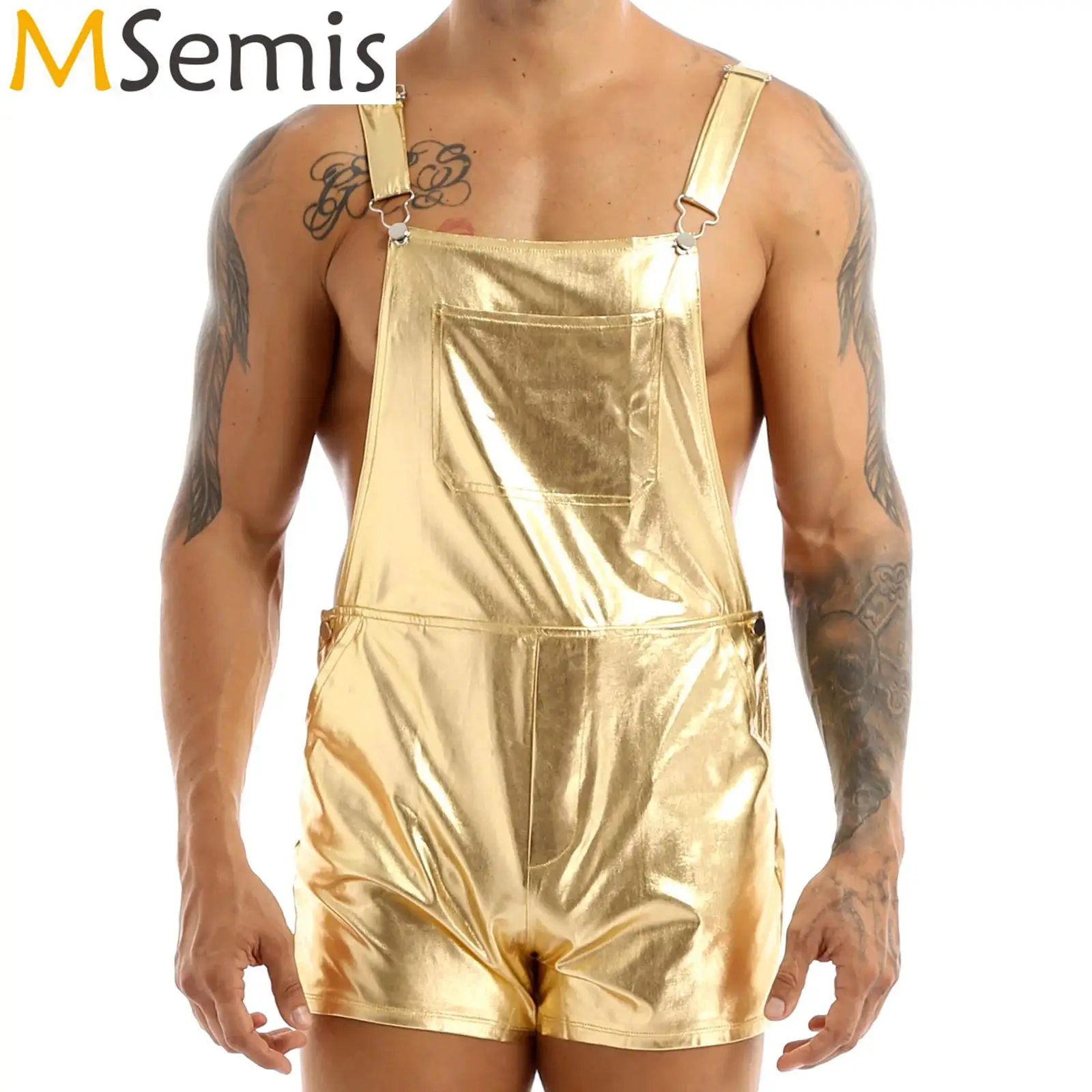 Glänzender metallischer Latzhose für Herren, Hosenträger, kurzer Overall, Abschlussball, Club, Rave-Strampler, Festival-Kleidung, Jazz-Hip-Hop-Pole-Dance-Shorts