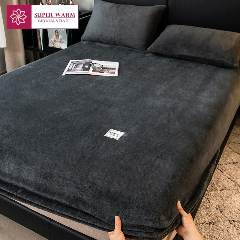 Weiche Warme Plüsch Spannbettlaken Elastische Matratzenbezug Flauschigen Korallen Fleece Bettwäsche Winter Paar Luxus Doppelbett Bettwäsche Image
