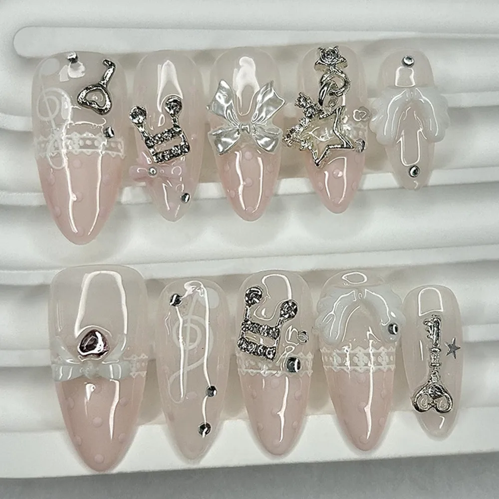Musiknoten Vintage rosa süße Spitze Polka Dots Französisch Mandel Press auf Nägel handgemachte 3D Schleife Stern Flügel Diamant Retro gefälschte Nägel Image