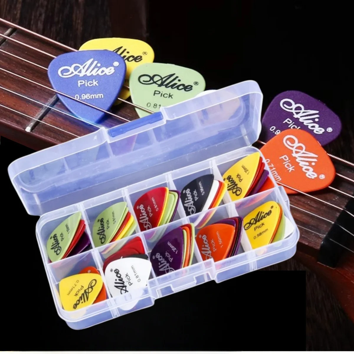 Alice Gitarrenplektren 12/24/50/100 Stück Gemischte ABS Premium Matte Rutschfeste Gitarrenplektren mit Plektrenbox für Akustik-, E-Gitarre und Bass Image