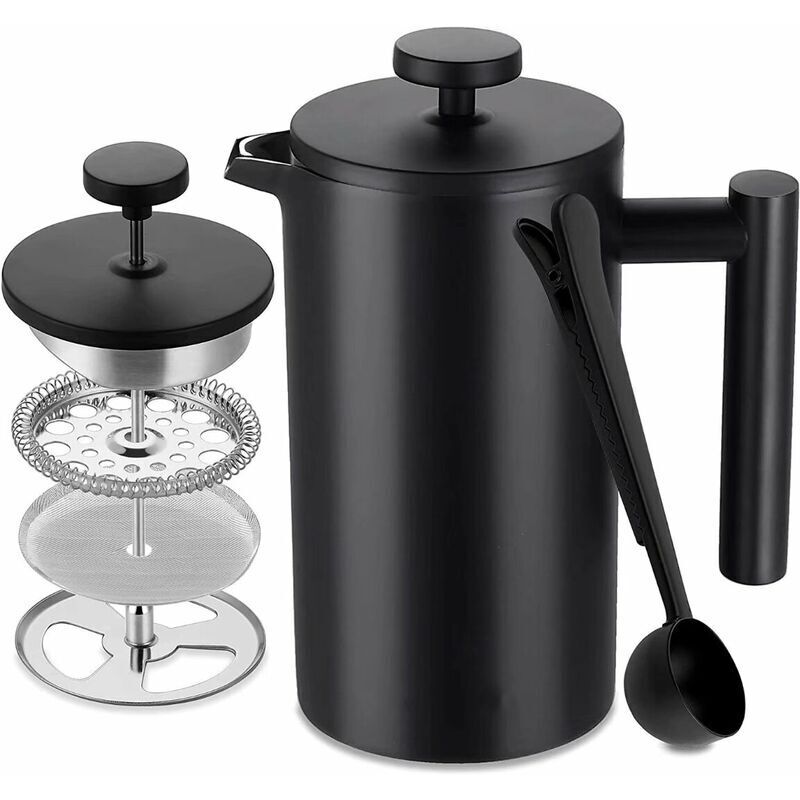 Macchina Da Caffè French Press In Acciaio Inox, Isolamento A Doppia Parete Da 1 L, Parete Interna Con Cautela, Con 5 Filtri Per Caffè E Misurino, 7-8 Tazze, Nero Opaco, Caffè, Tè