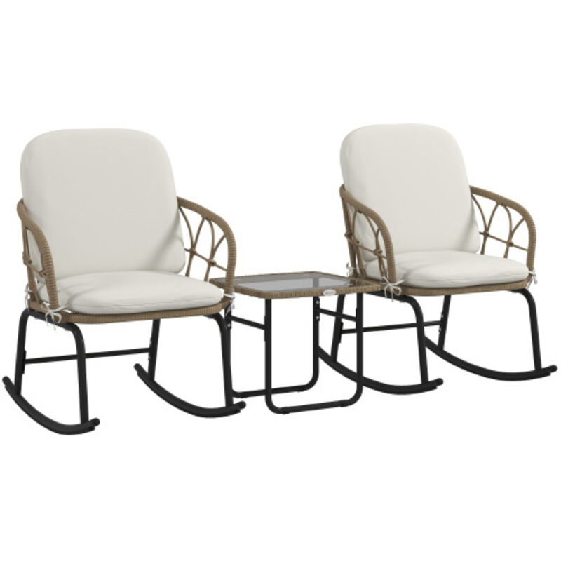 Set Di 3 Pezzi In Rattan Con 2 Sedie A Dondolo E 1 Tavolino Da Caffè, Set Di Mobili Da Giardino Con Cuscini Per Patio E Balcone.