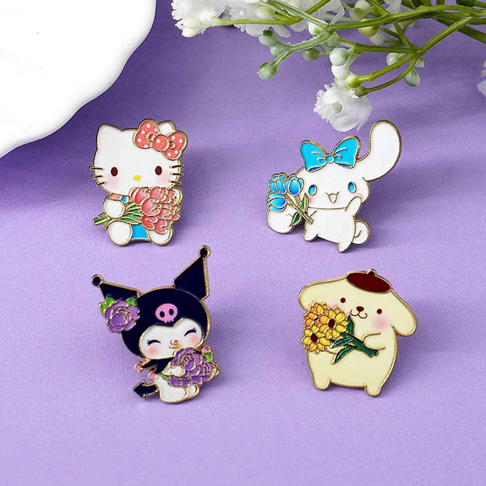 4 Stück Kawaii Sanrio Emaille-Pins, niedliche Charaktere, Hello Kitty, Kuromi, Tier- und Blumenbroschen, modische Anstecknadeln für Mädchen, Geschenk