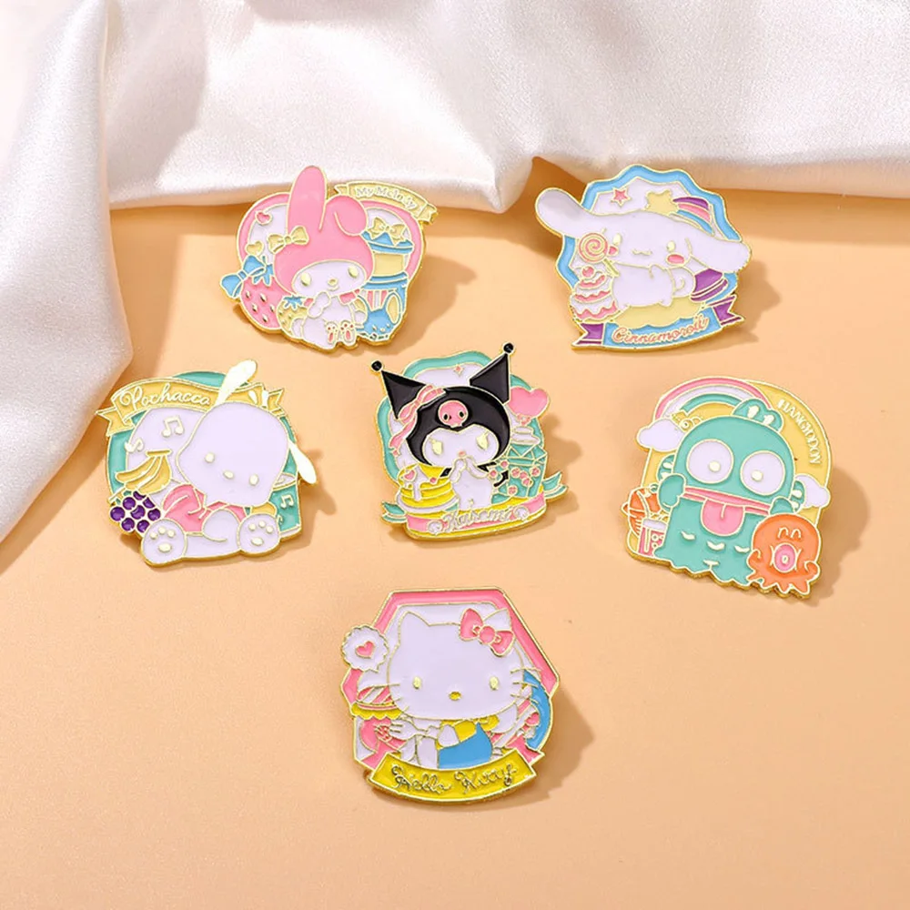 6 Stück Niedliche Sanrio Emaille-Anstecknadeln Cartoon Kuromi Melody Cinnamoroll Brosche Abzeichen Hello Kitty Katze Hund Anstecknadeln für Kinder Taschen Kleidung