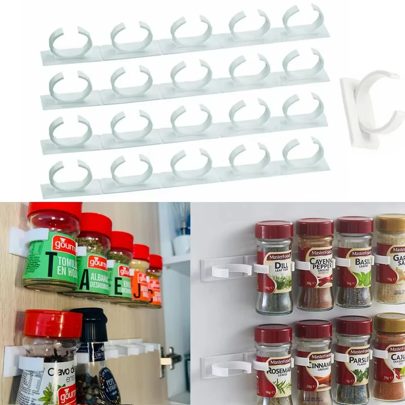 2PCS Gewürz Flasche Rack Küche Lagerung Rack Wand Halterung Gläser Halter Werkzeuge Kunststoff Clip Jar Rack Schrank Tür Haken mit Basis