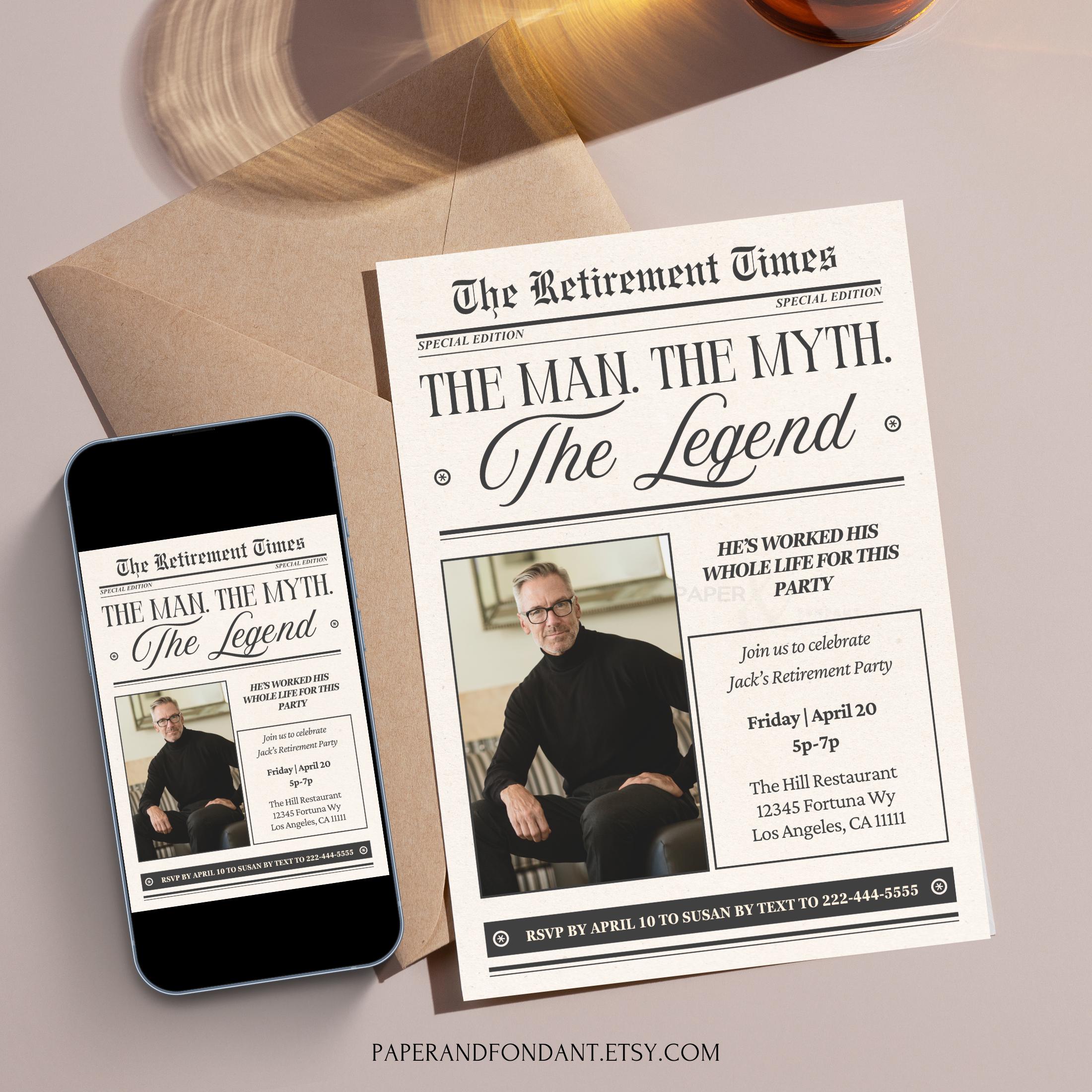 L'uomo, il mito, la leggenda / Invito personalizzato per festa di pensionamento con stampa su giornale / Invito fotografico per festa di addio / Model