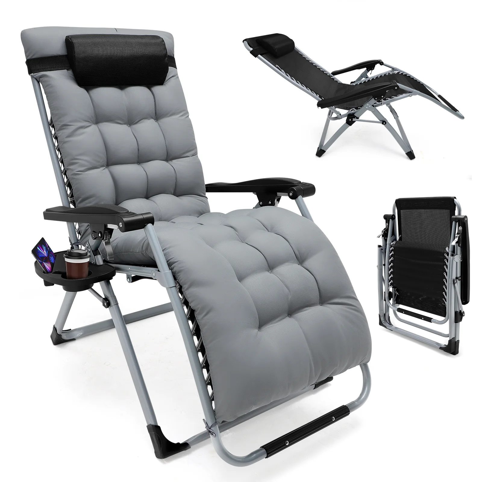 72cm Klappbarer Zero-Gravity-Liegestuhl Übergröße Gartenliege mit Baumwollkissen für Garten, Terrasse und Outdoor Sonnenliege Tragkraft 160kg