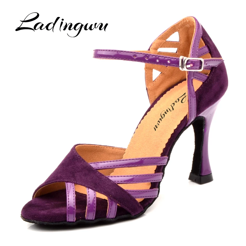 Ladingwu Latin Dance Schuhe Frauen Wildleder Und PU Neue Lila Salsa Party Ballroom Dance Schuhe Kuba Ferse 9 cm damen sneaker Dance