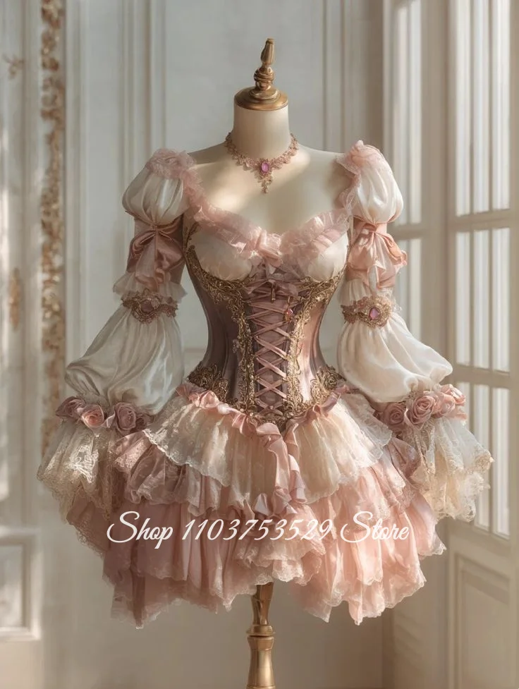 Rosa verträumtes Vintage-Ballkleid im viktorianischen Stil, maßgeschneidertes Abendkleid mit Kirschblüten-Korsett, Ballkleid für besondere Anlässe, Minirock