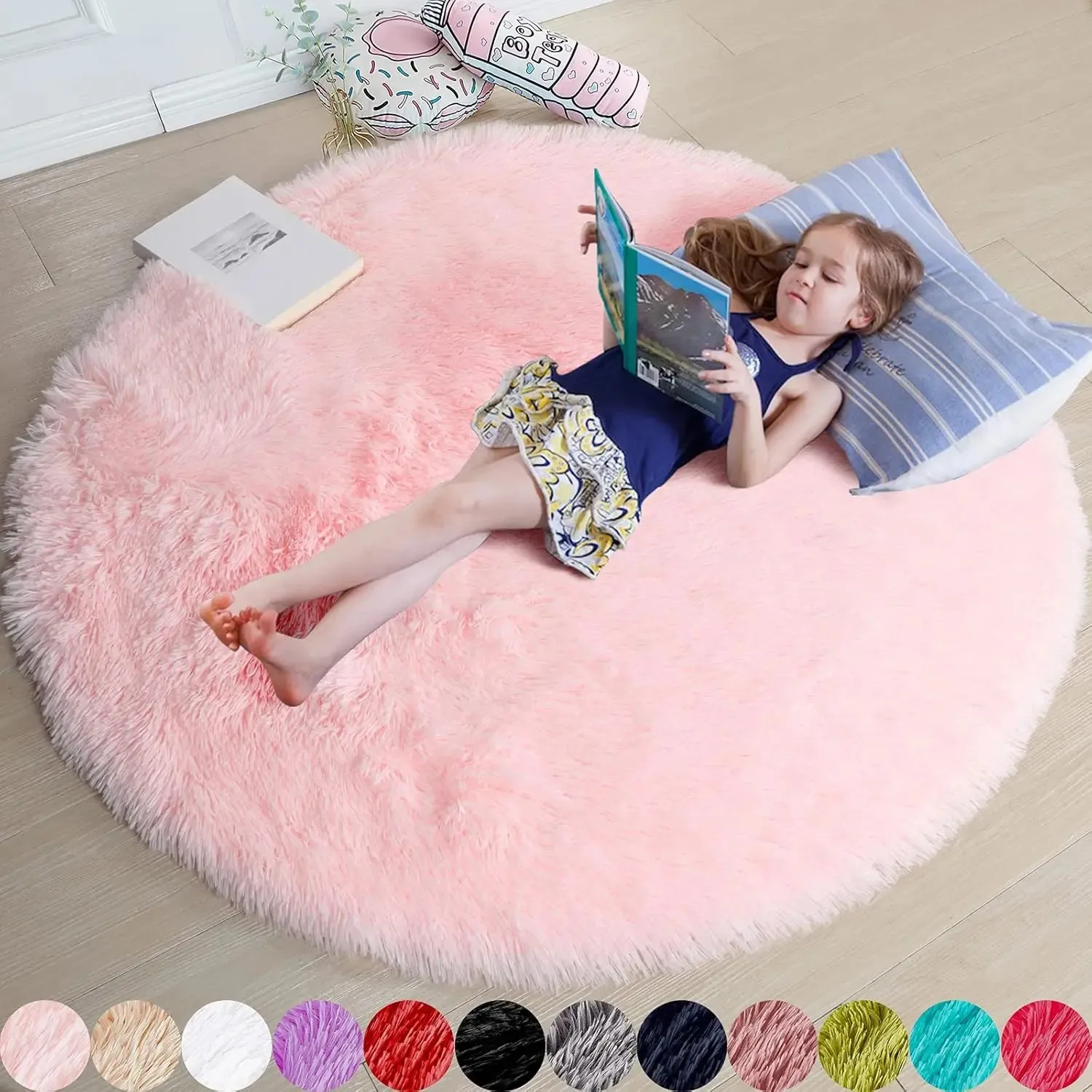 Vikama Rosa runder Teppich für Mädchenschlafzimmer, flauschiger kreisförmiger Teppich für Kinderzimmer, pelziger zotteliger Teppich für Wohnzimmer-Spielzimmerdekoration Image