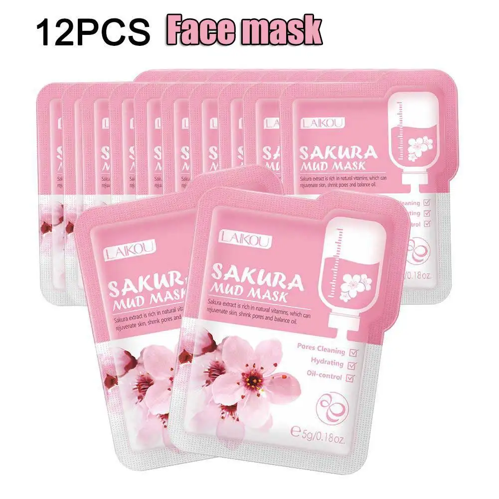 12 Stück Sakura-Schlammmaske, aufhellende, feuchtigkeitsspendende Gesichtsmaske, leuchtende Haut, sauberer Gesichtsreinigungston, feuchtigkeitsspendende Anti-Falten-Hautpflege Image