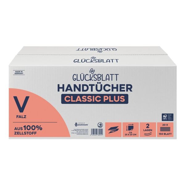 GLÜCKSBLATT Papierhandtücher »Classic Plus« 2-lagig naturweiß 3000 Blätter (20 x 150 Blatt p, 25 cm