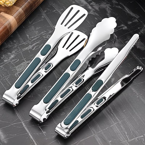 3-teiliges Edelstahl-Grillzangen-Set, hitzebeständige, rutschfeste Silikongriffe, robuste, wiederverwendbare Grillzange, multifunktionaler Lebensmittelclip, perfekt für den Grill Image