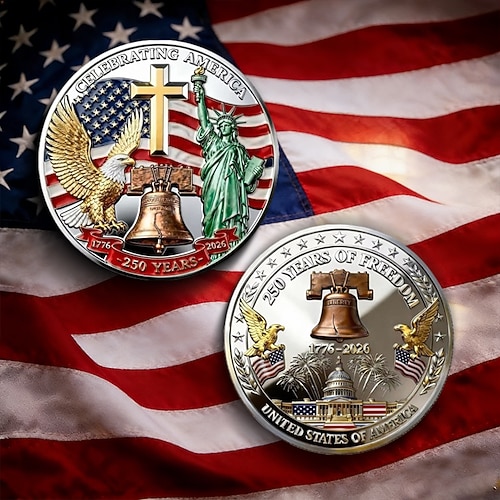 Gedenkmünze zum 250. Jahrestag der Unabhängigkeit der USA – Patriotische Sammlermünzen 1776–2026, Freiheitsadler, Freiheitsstatue, Kreuz Historische US-amerikanische Wahrzeichen, Geschenkset zum Image