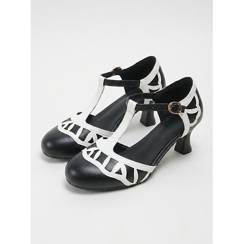 Damen-Mary-Jane-Schuhe im viktorianischen Stil – Vintage-Pumps in Burgunderrot und Weiß mit T-Riemen, Spulenabsatz und tropfenförmigen Ausschnitten, ideal für Edwardianisches Cosplay, Retro-Hochzeiten und Teepartys. Image